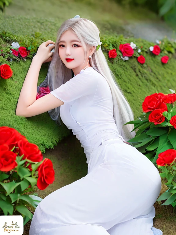 (((Female teacher lying in the flower garden)))v6, earrings, full body v6, (long golden white hair), translucent clothes, look, superb, ultra high definition, RAW photography, realism 1.25), (bright lip gloss, long eyelashes, smooth) face, bright skin, natural shadows, wide light, wide light, depth of field, strong colors, subtle caustics: 0.8), smile, (big), v6 (close your eyes, (camisole if made of red flowers in transparent white))), sleeveless, lower body slender, behind the woman, there are various beautiful flowers (absurd, high resolution, super detailed),