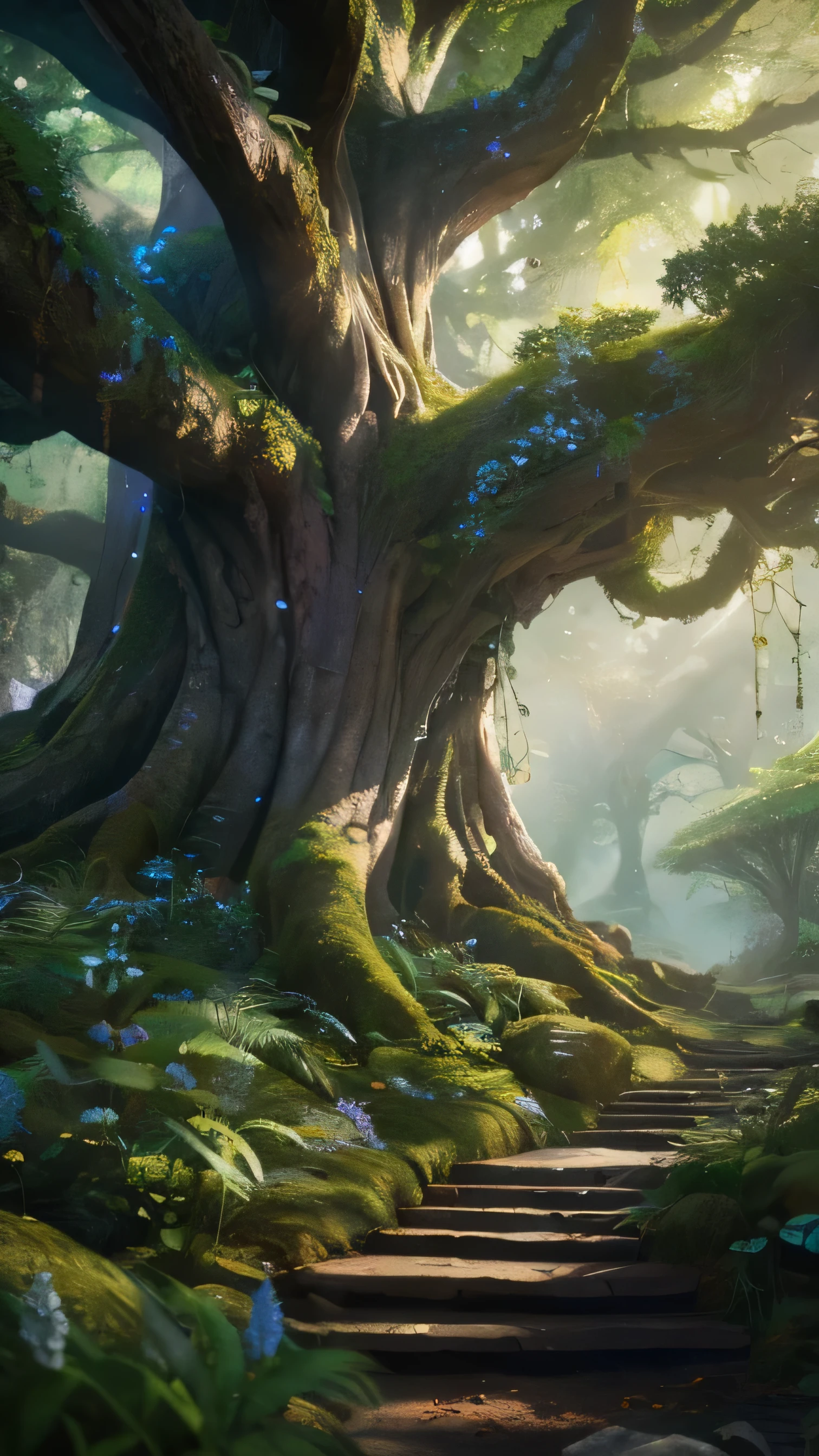 there is a mossy tree with a sunbeam in the background, fairytale forest, fantasy forest environment, magical fantasy forest, magical forest, ancient forest, magical environment, enchanted and magic forest, beautiful ancient forest, fantasy forest, magical forest backround, fantasy magical vegetation, andreas rocha and john howe, a fantasy forest, fantasy forest landscape, alexey egorov