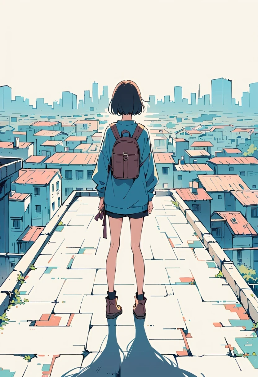 (Standing on the rooftop:1.3)，Girl with backpack on rooftop，Simple lines，Minimalism，Abstract Art，City background