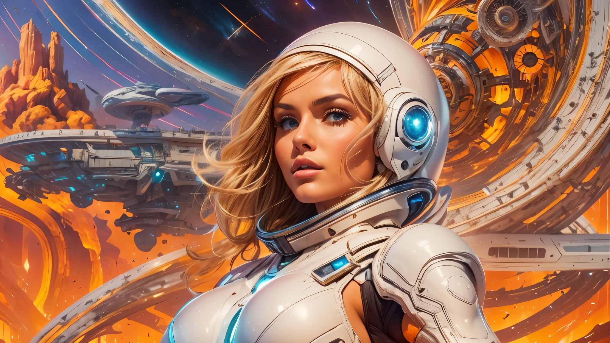arafed image of a white woman in a futuristic suit with a spaceship in the background, movie art, in front of an orange background, inspired by Robert McGinnis, female protagonist, megastructure in the background, portrait of an ai astronaut, astronauts, an astronaut, portrait of a astronaut skeletor, perfect android girl, detailed eyes, perfectly detailed teeth, frank franzzeta and sakimichan  