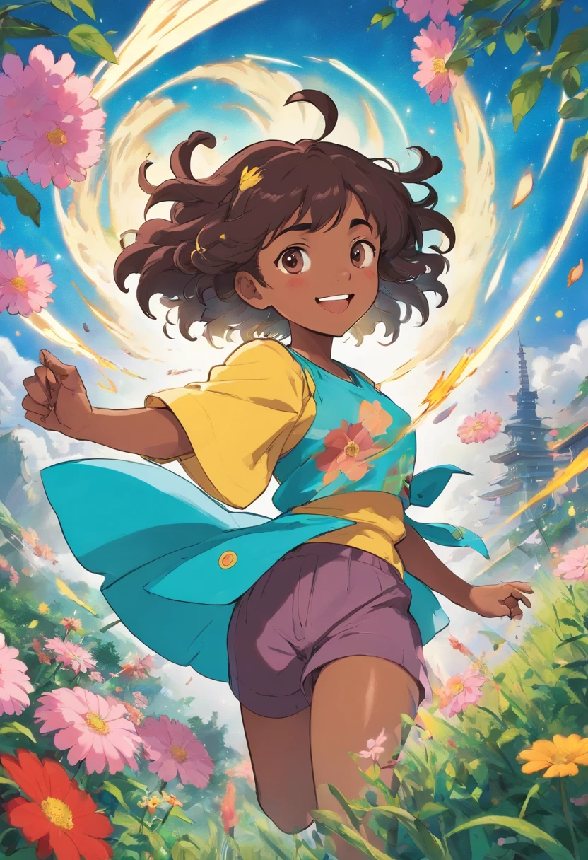 black girl with short curly hair wearing a kind smile, floral, futuristic clothes, combinaison de machines, ((Des vêtements qui montrent des abdos、Short sleeve clothing)), (Le fond est une galaxie et une nébuleuse)es pouvoirs élémentaux, with a particular affinity for lightning and wind. Elle peut invoquer des éclairs pour attaquer ses ennemis, create gusts of wind to move quickly and manipulate elements to overcome obstacles. His powers are still developing, et elle cherche constamment à les perfectionner pour mieux servir sa quête.