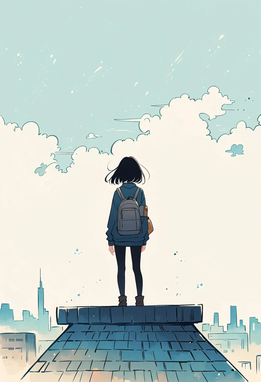 (Standing on the rooftop:1.3)，Girl with backpack on rooftop，Simple lines，Minimalism，Abstract Art，City background