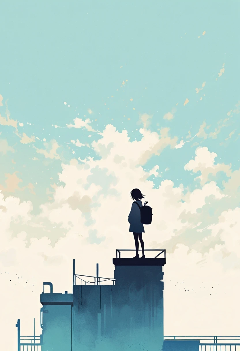 (Standing on the rooftop:1.3),Girl with backpack on rooftop,Simple lines,Minimalism,Abstract Art,City background