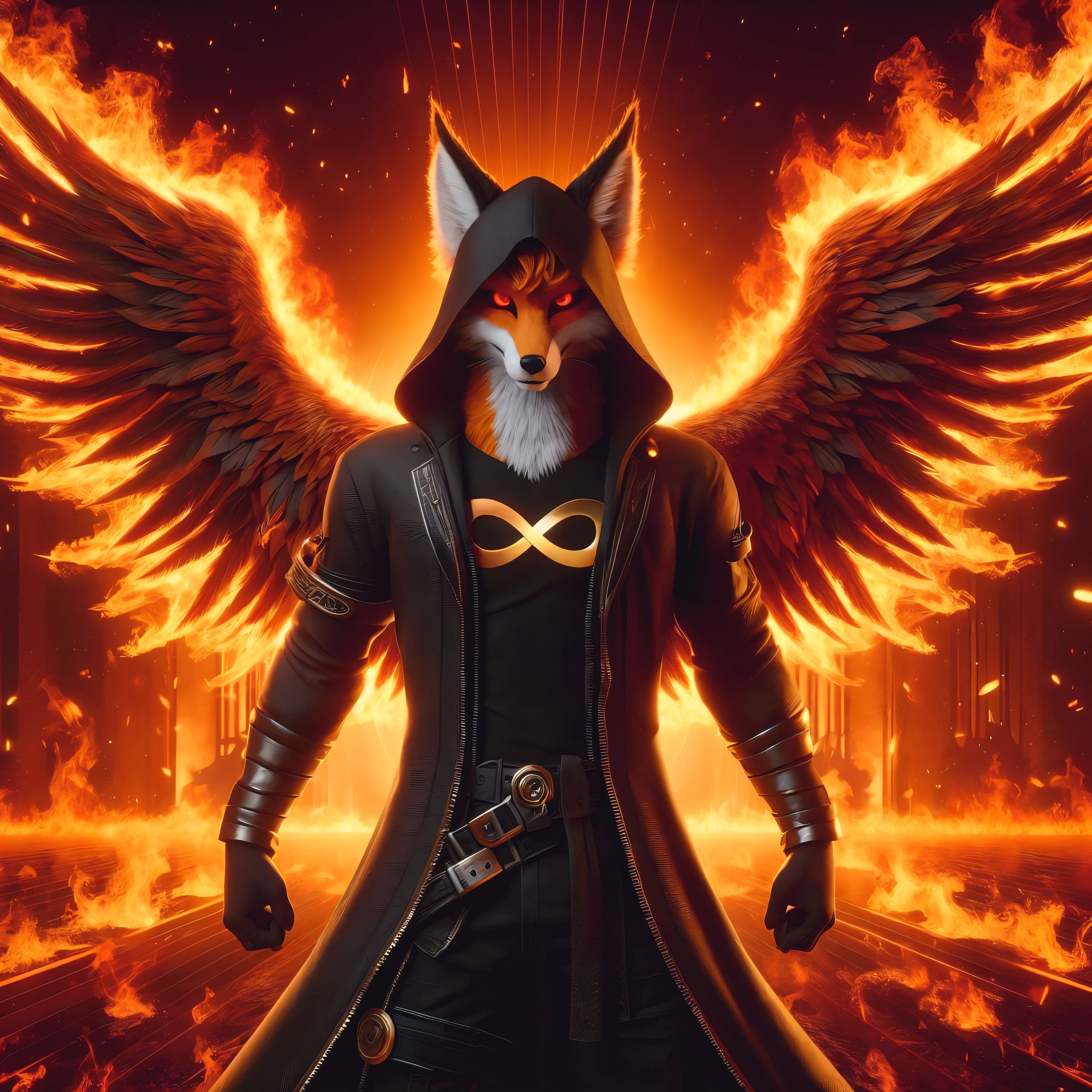 lord fox male wearing a cape black hood long pants and a belt red eyes fire background infinity symbol on the chest a supervillain pose golden wings in open flames looking into the viewer's soul serious expression 3D Unreal Engine 9