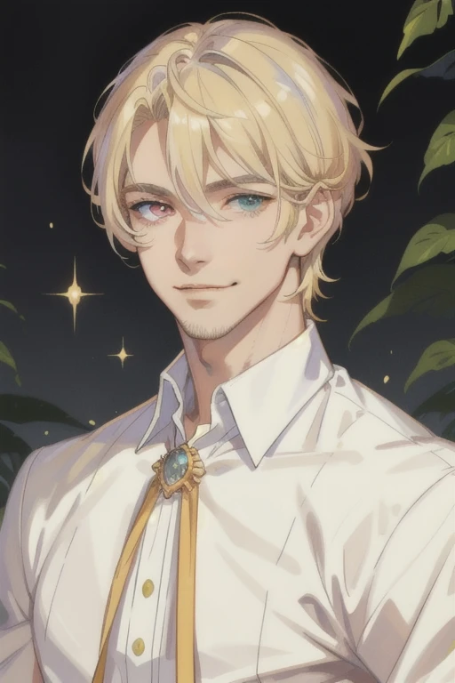 masterpiece, best quality, realistic, 1man, mature man, muscular tall, handsome, smile, closed mouth, portrait, extremely detailed face, (short hair), (golden hair), (heterochromia in eyes)