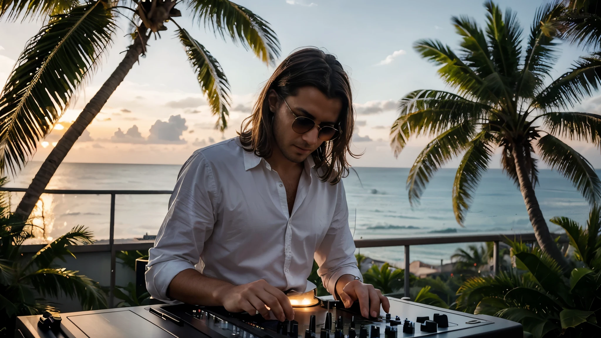 Visualize a vibrant and energetic stage where a passionate DJ takes center stage, capturant l'essence d'un moment magique de musique en plein air. Ce DJ, Cool et confiant, wears stylish sunglasses that reflect the last rays of the sun, ajoutant une touche de mystère à son allure. He is intensely focused on his mixing desk, his skilled hands adjusting the tracks with precision, dans une parfaite harmonie avec le rythme. L'environnement autour de lui évoque une ambiance de détente et de fête, caractérisée par la présence de quelques palmiers élancés en background, qui se découpent contre un ciel aux couleurs douces de fin de journée. Ces teintes, mix of roses, d'orange et de violette, creating a warm and inviting atmosphere, reflétant la beauté d'un coucher de soleil sur un lieu exotique. The light is soft but present enough to highlight the DJ'face and equipment details, create subtle contrasts and play on'shadows that add depth to the scene. Les palmiers et la lumière du coucher de soleil ensemble suggèrent une ambiance festive mais détendue, un espace où la musique et la nature se rencontrent pour créer une expérience inoubliable. Le cadre de l'image est soigneusement composé pour focaliser l'attention sur le DJ, with a depth of field that slightly blurs the'background, while letting the shapes and colors of the palm trees and sky visually enrich the scene. This composition creates a feeling of'immersion, invitant le spectateur à ressentir l'énergie de la musique et la sérénité de l'environnement naturel. This image is designed to capture a unique moment where passion, music and natural beauty merge, offering a window into a world where every element contributes to a memorable experience. Les couleurs douces et l'ambiance de fin de journée ajoutent une touche de nostalgie et de rêverie, faisant de ce