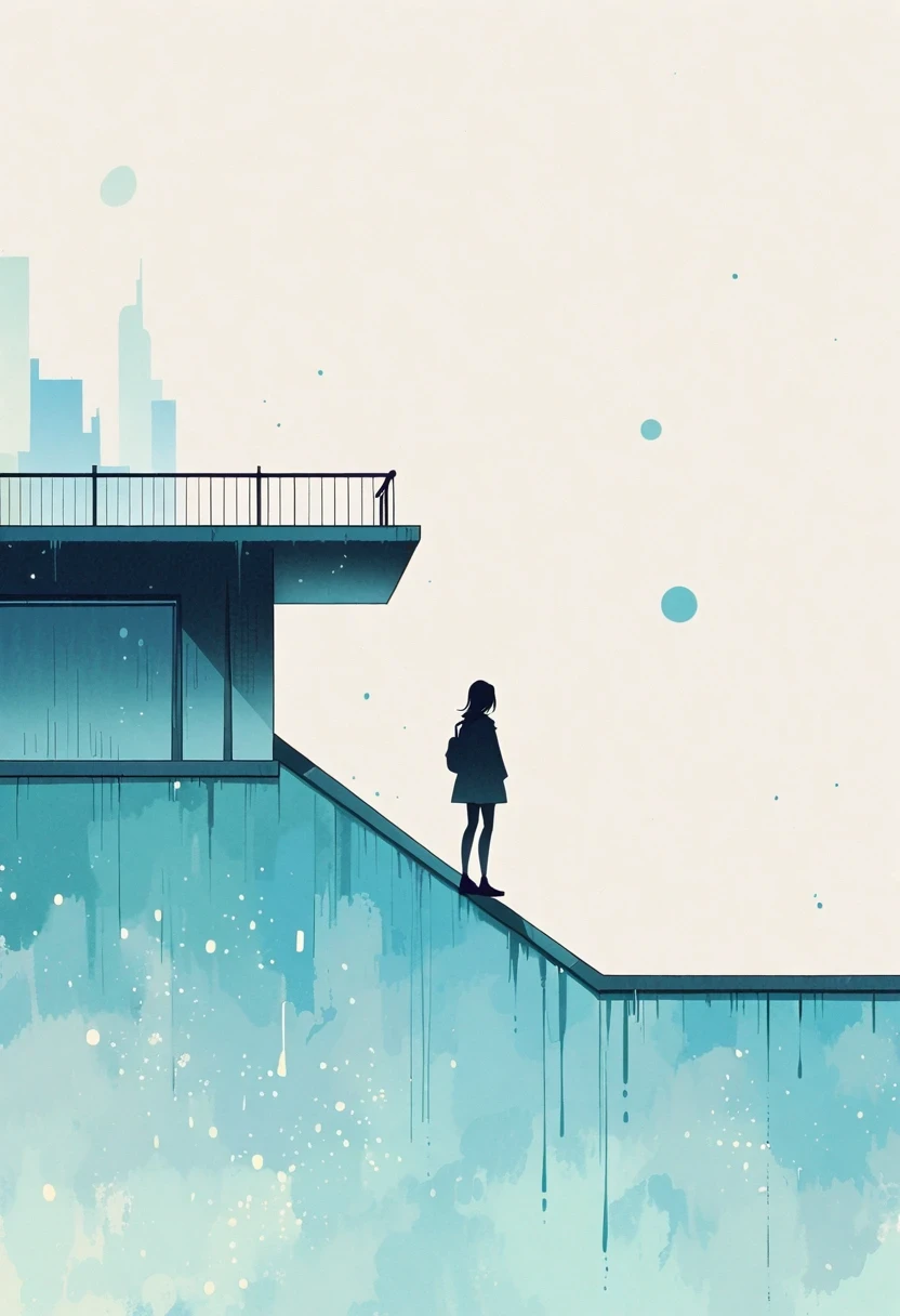 (Standing on the rooftop:1.3)，Girl with backpack on rooftop，Simple lines，Minimalism，Abstract Art，City background