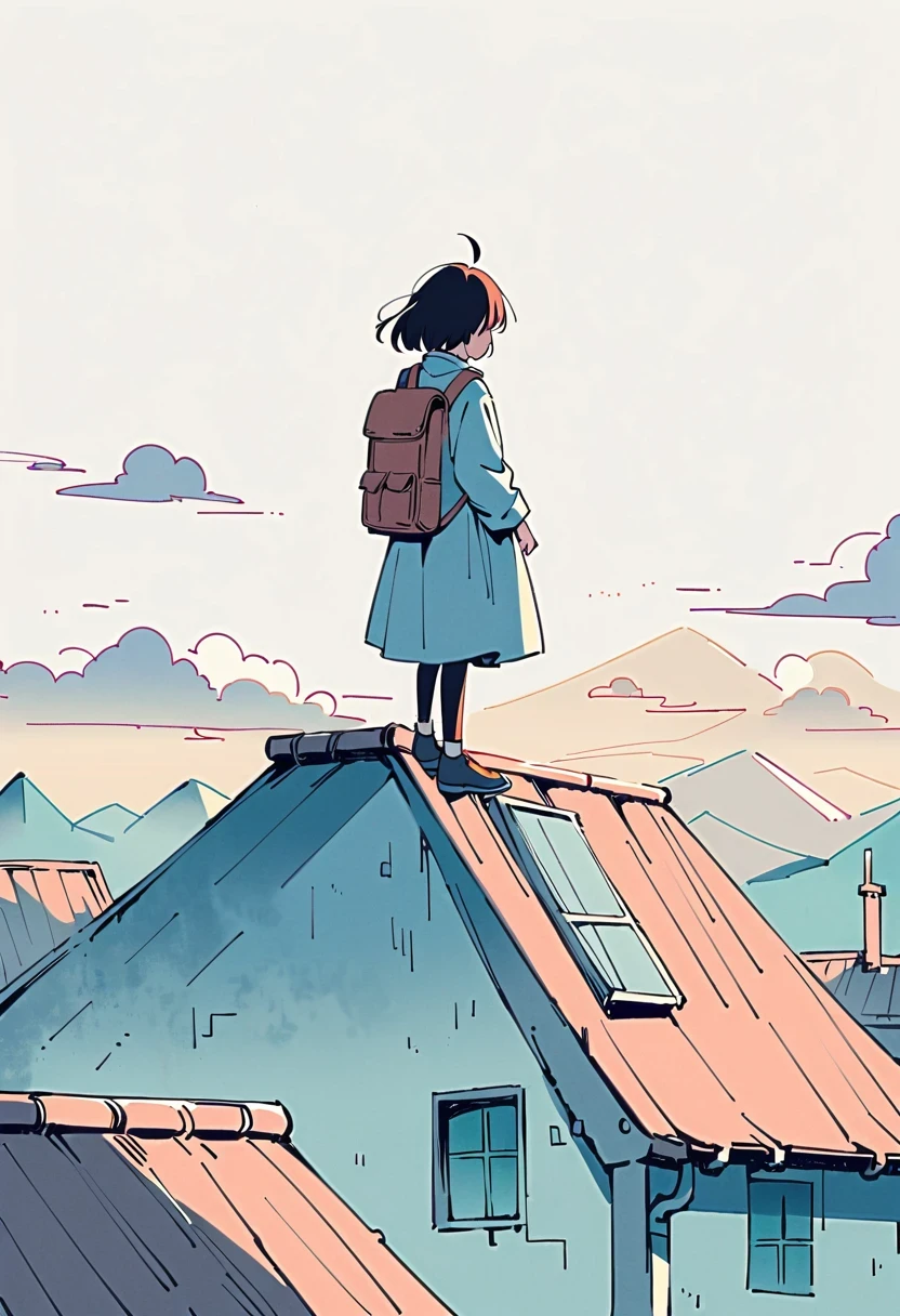 (Standing on the rooftop:1.3)，Girl with backpack on rooftop，Simple lines，Minimalism，Abstract Art，City background