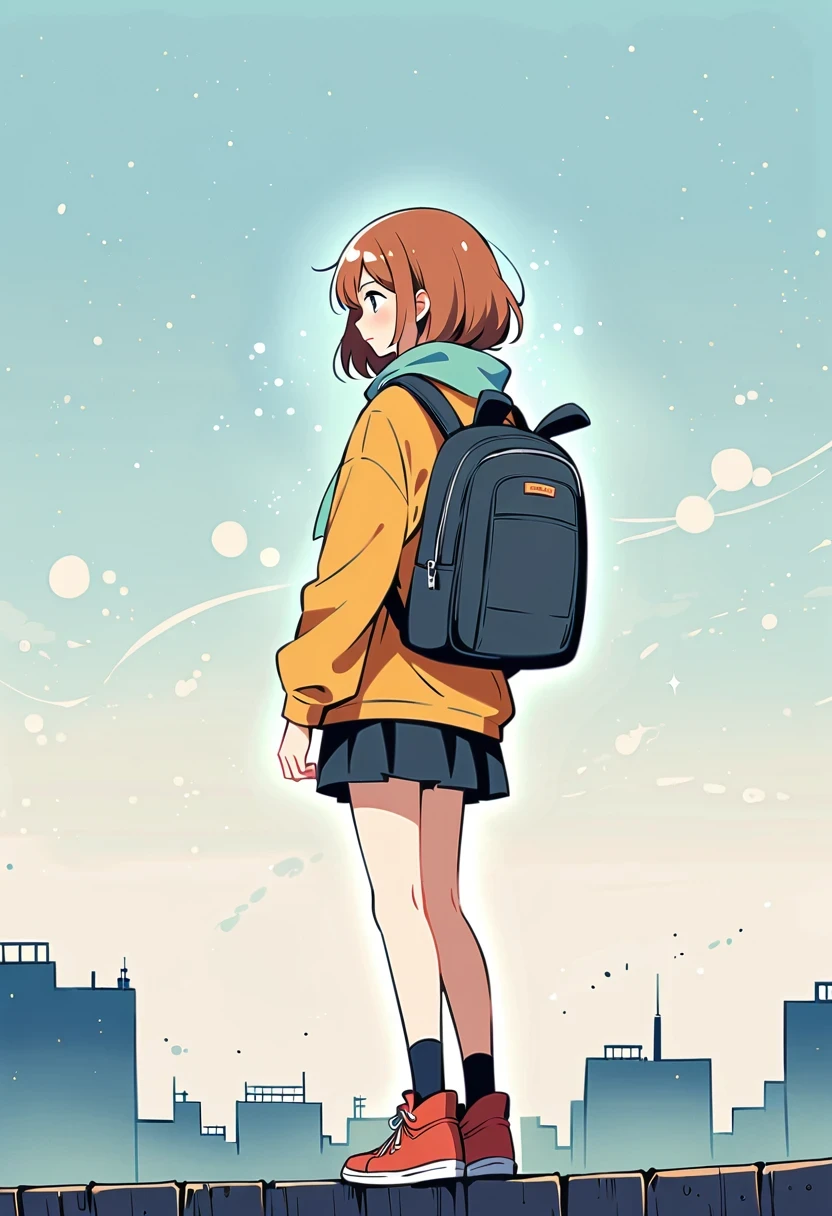 (Standing on the rooftop:1.3),Girl with backpack on rooftop,Simple lines,Minimalism,Abstract Art,City background