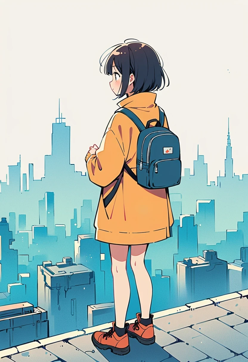 (Standing on the rooftop:1.3)，Girl with backpack on rooftop，Simple lines，Minimalism，Abstract Art，City background