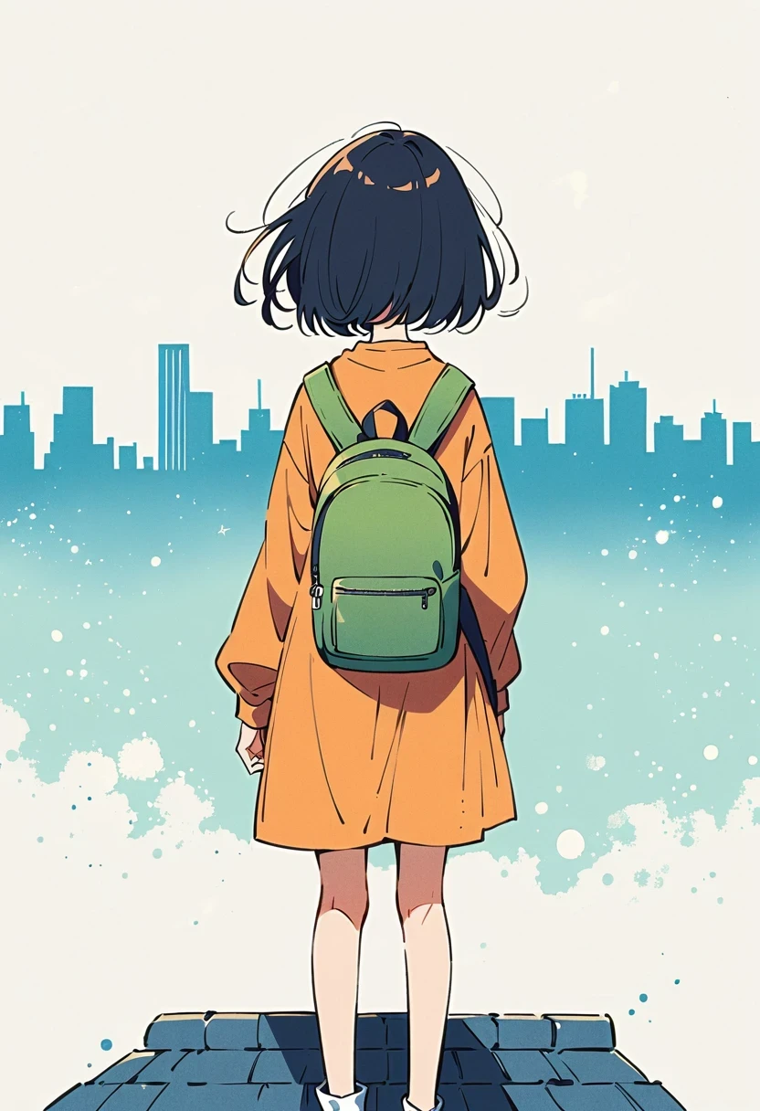 (Standing on the rooftop:1.3),Girl with backpack on rooftop,Simple lines,Minimalism,Abstract Art,City background