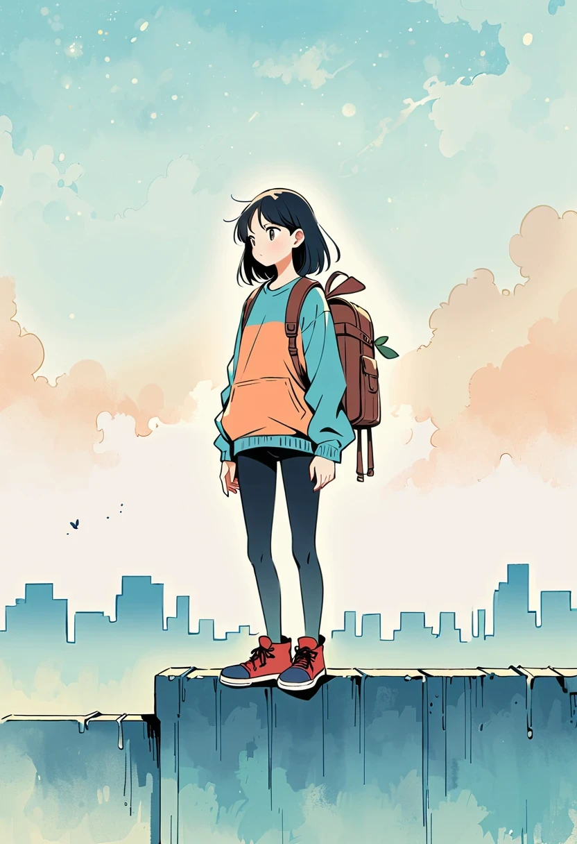 (Standing on the rooftop:1.3)，Girl with backpack on rooftop，Simple lines，Minimalism，Abstract Art，City background