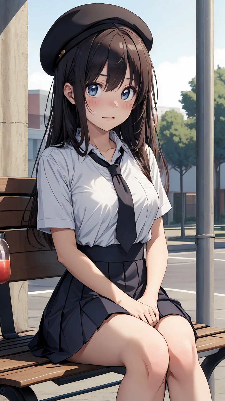 (masterpiece, best_quality), extremely detailed CG unity 8k wallpaper, super fine illustration, (anime_style), Woman posing for a photo, A shy smile, Long Hair, Straight hair, Fine skin, Beautiful Hands, Beautiful fingers, Wearing a beret, tie, Small breasts, Short sleeve blouse, Pleated skirt, Thighs, Absolute area, Knee socks, Daytime, Hot summer day, School, Schoolyard, Sitting on a bench, Canned juiceを持っている, Natural light, Detailed face:1.2, Sharp focus, Hasselblad Photos, masterpiece, light makeup, Cinematic lighting, 4k, sharpness, Anime Style, whole body, Canned juice, 