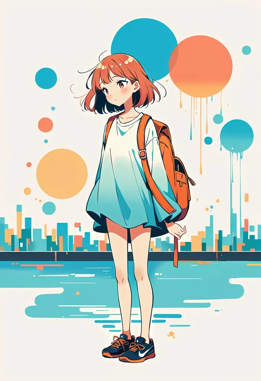 (Standing on the rooftop:1.3),Girl with backpack on rooftop,Simple lines,Minimalism,Abstract Art,City background