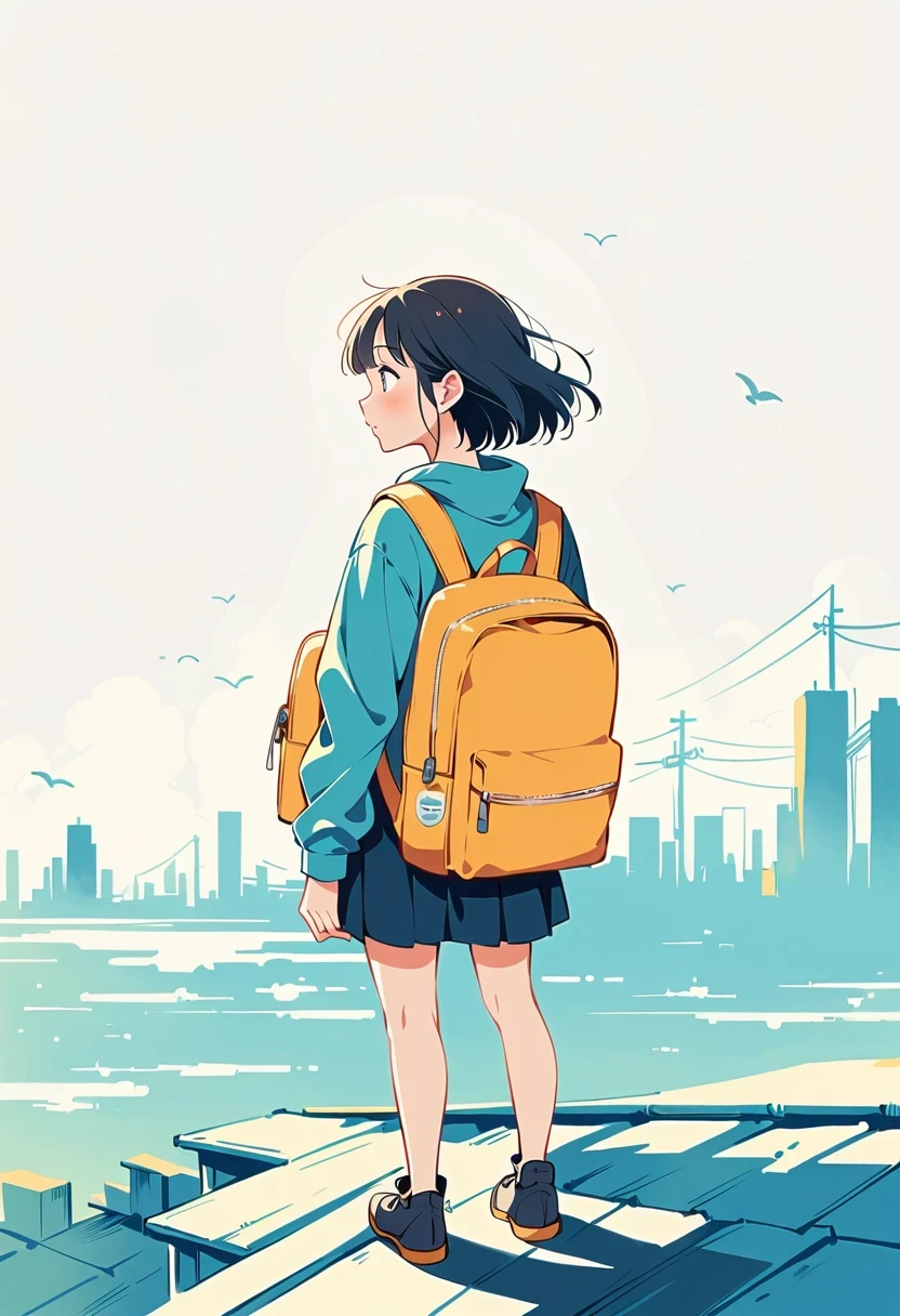 (Standing on the rooftop:1.3),Girl with backpack on rooftop,Simple lines,Minimalism,Abstract Art,City background
