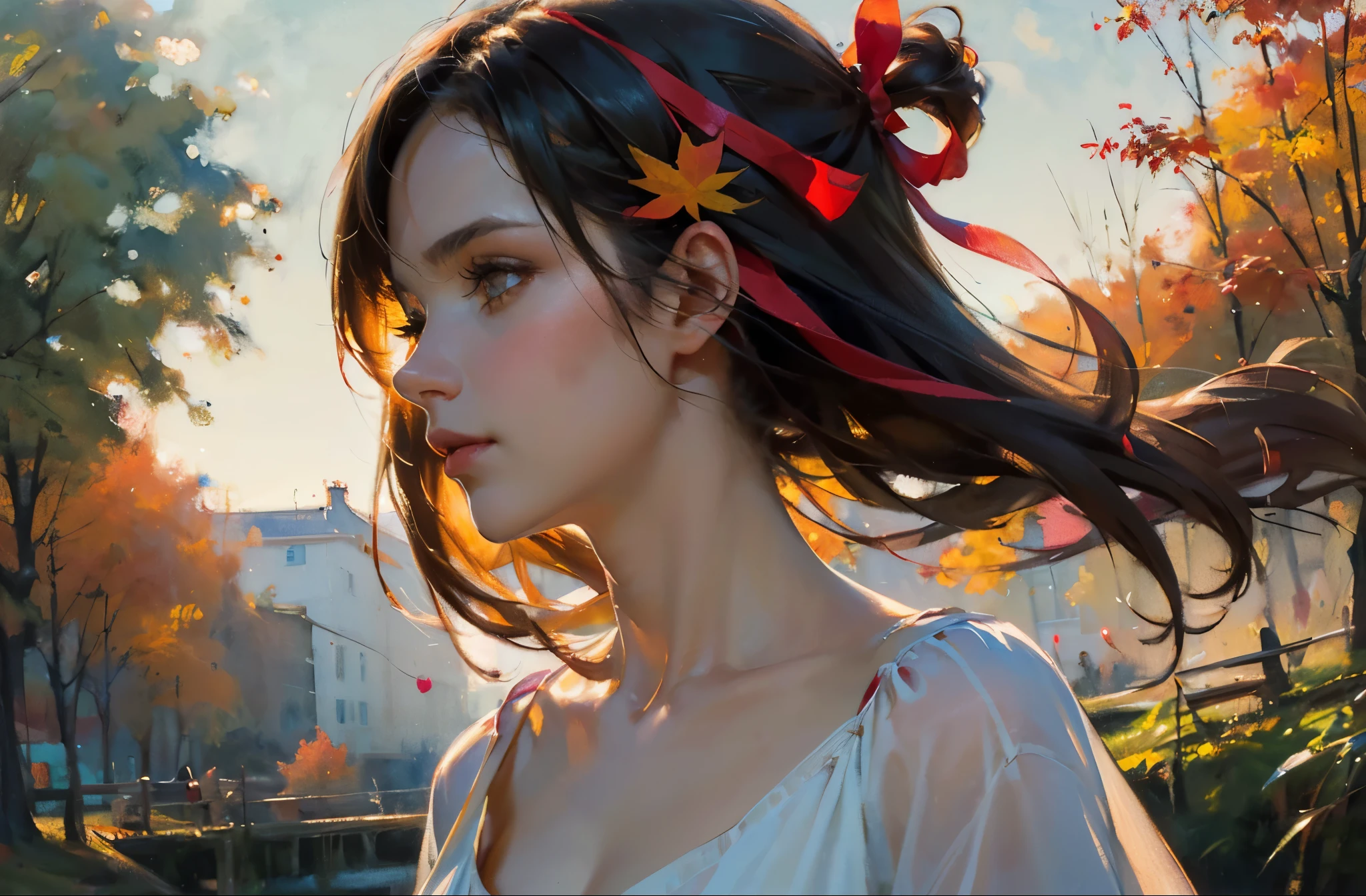 (8k, best quality, masterpiece:1.2),(best quality:1.0), (ultra highres:1.0), watercolor, a beautiful woman, shoulder, dark hair, hair ribbons, by agnes cecile, half body portrait, extremely luminous bright design, pastel colors, (ink:1.3), autumn lights, inspired by ghibli anime