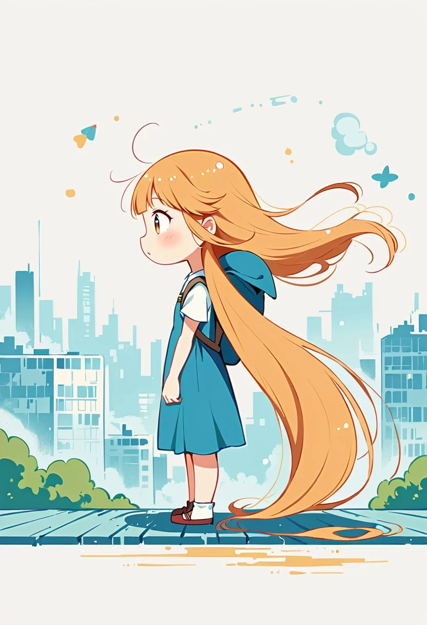 (Standing on the rooftop:1.3),Girl with backpack on rooftop,Simple lines,Minimalism,Abstract Art,City background