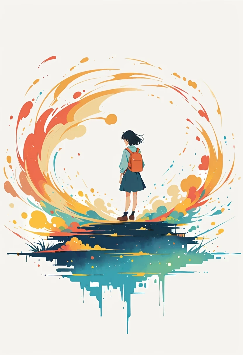 (Standing on the rooftop:1.3),Girl with backpack on rooftop,Simple lines,Minimalism,Abstract Art,City background