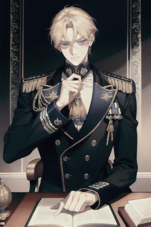 (Masterpiece, best quality), 1 male, mature, age: 1.4, tall muscular man, broad shoulders, delicate eyes and detailed face, extremely detailed CG unified 8k wallpaper, intricate details, fantasy, royal, noble, admiral, short hair, blonde, blue eyes, fleet commander, navy, commander, white uniform, office, sitting, calling, angry,
