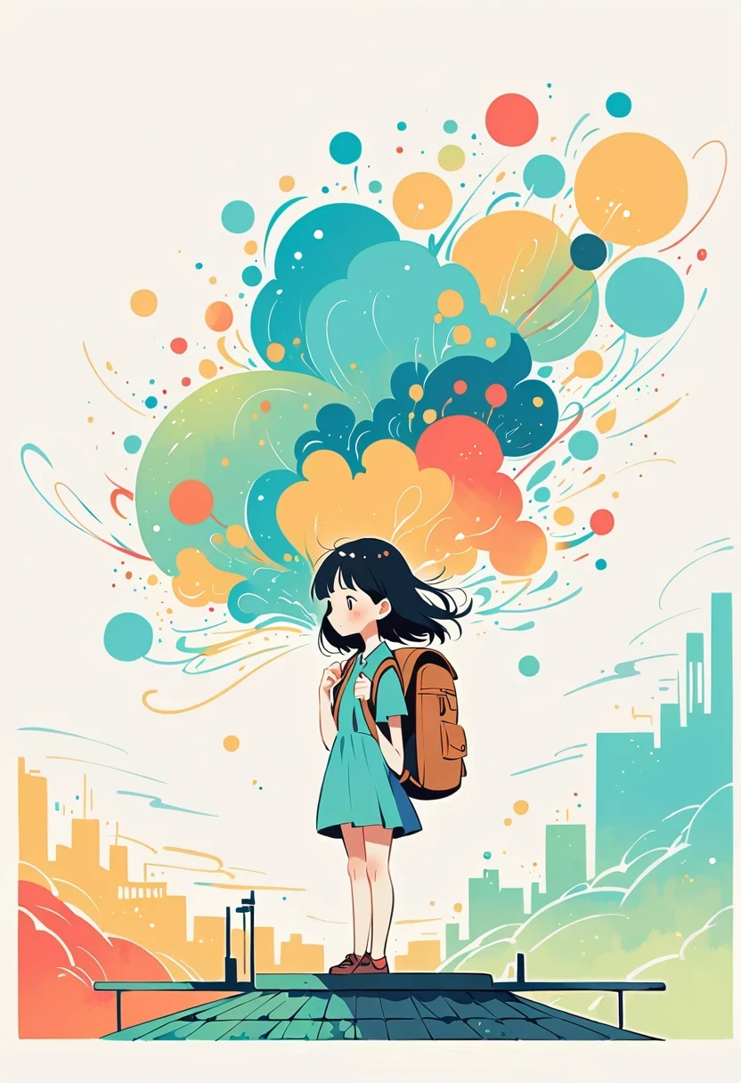 (Standing on the rooftop:1.3),Girl with backpack on rooftop,The backpack is filled with happy spring,Simple lines,Minimalism,Abstract Art,City background