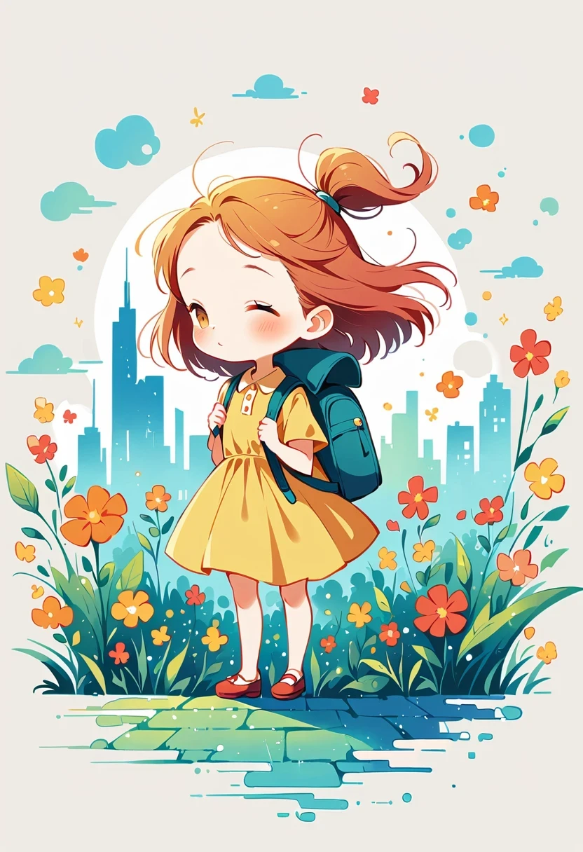 (Standing on the rooftop:1.3),Girl with backpack on rooftop,The backpack is filled with happy spring,Simple lines,Minimalism,Abstract Art,City background