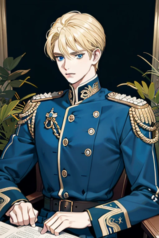 (Masterpiece, best quality), 1 male, mature, age: 1.4, tall muscular man, broad shoulders, delicate eyes and detailed face, extremely detailed CG unified 8k wallpaper, intricate details, fantasy, royal, noble, admiral, short hair, blonde, blue eyes, fleet commander, navy, commander, white uniform, office, sitting, calling, angry,