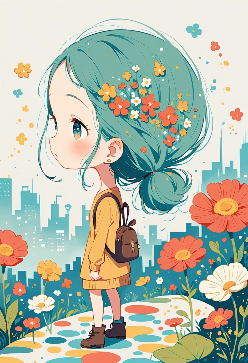(Standing on the rooftop:1.3),Girl with backpack on rooftop,The backpack is filled with happy spring,Simple lines,Minimalism,Abstract Art,City background