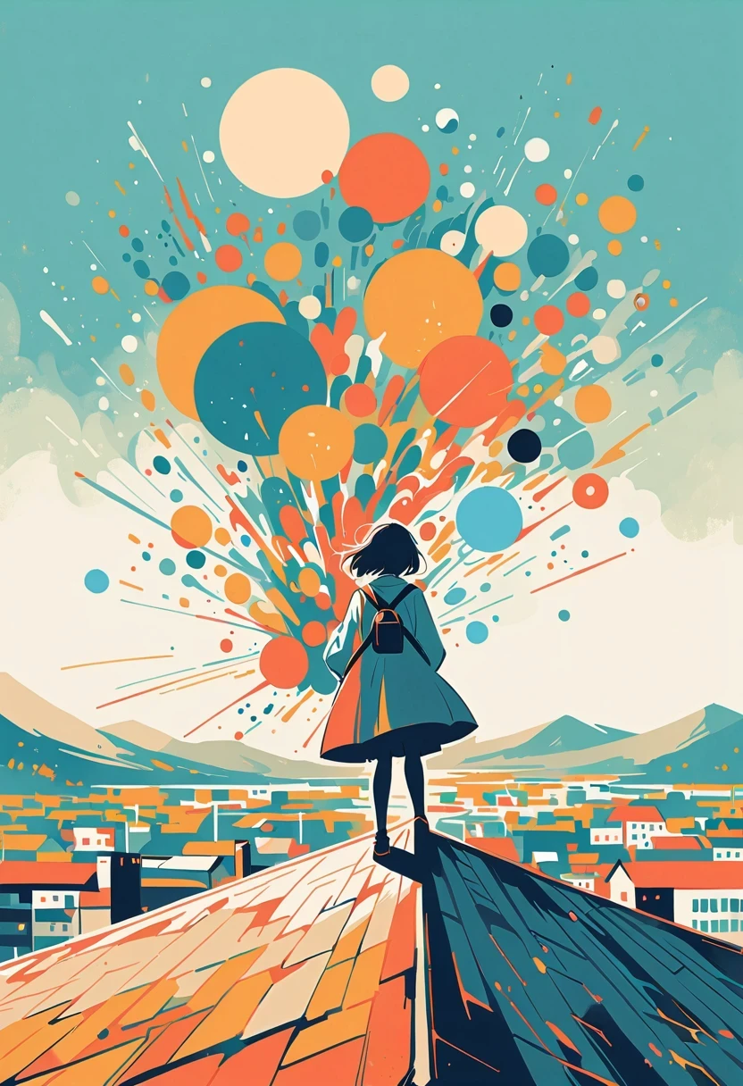 (Standing on the rooftop:1.3)，Girl with backpack on rooftop，The backpack is filled with happy spring，Simple lines，Minimalism，Abstract Art，City background