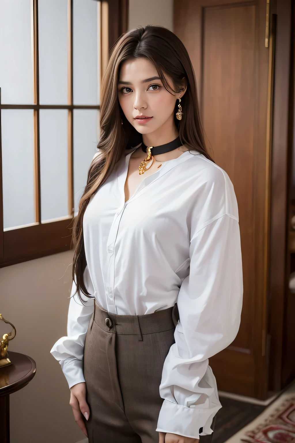 of the highest quality, Obra maestra, 8k, ultra high resolution, (realista: 1.4), 1 chica, Hermoso rostro, symmetrical eyes, grande, Proporciones corporales perfectas, ((((Extra long brown hair:1.2)))),((Cabello ligeramente ondulado hacia adentro:1.2)),((collar de oro_Pendientes Grandes:1.2)), el espectador'la mirada, (((in a luxurious room:1.3)),), Vista frontal, absolute area (1.3),Una sonrisa amable、parece amable、tiro de vaquero、((blusa de cuello blanco、falda plisada gris oscuro con corbata:1.3))((figura completa supermodelo de pie, cuerpo entero en marco))tiro de cuerpo completo、((hands behind the back:1.3))