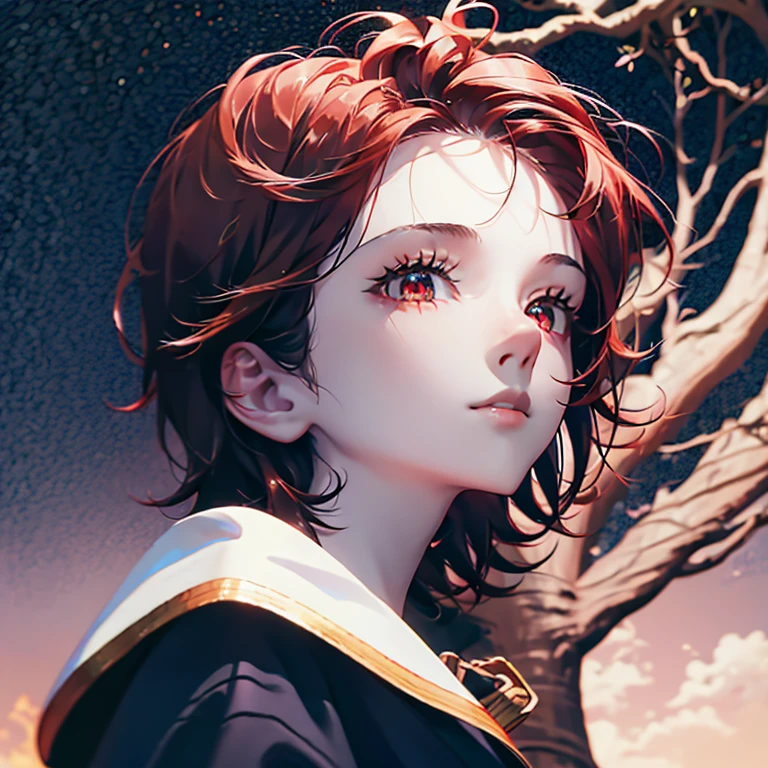 Un chico de cabello blanco, ojos morados llenos de tristeza, su piel es blanca, mira el cielo oscuro lleno de estrellas 