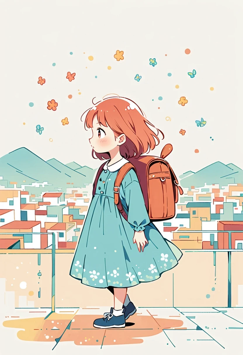 (Standing on the rooftop:1.3),Girl with backpack on rooftop,The backpack is filled with happy spring,Simple lines,Minimalism,Abstract Art,City background