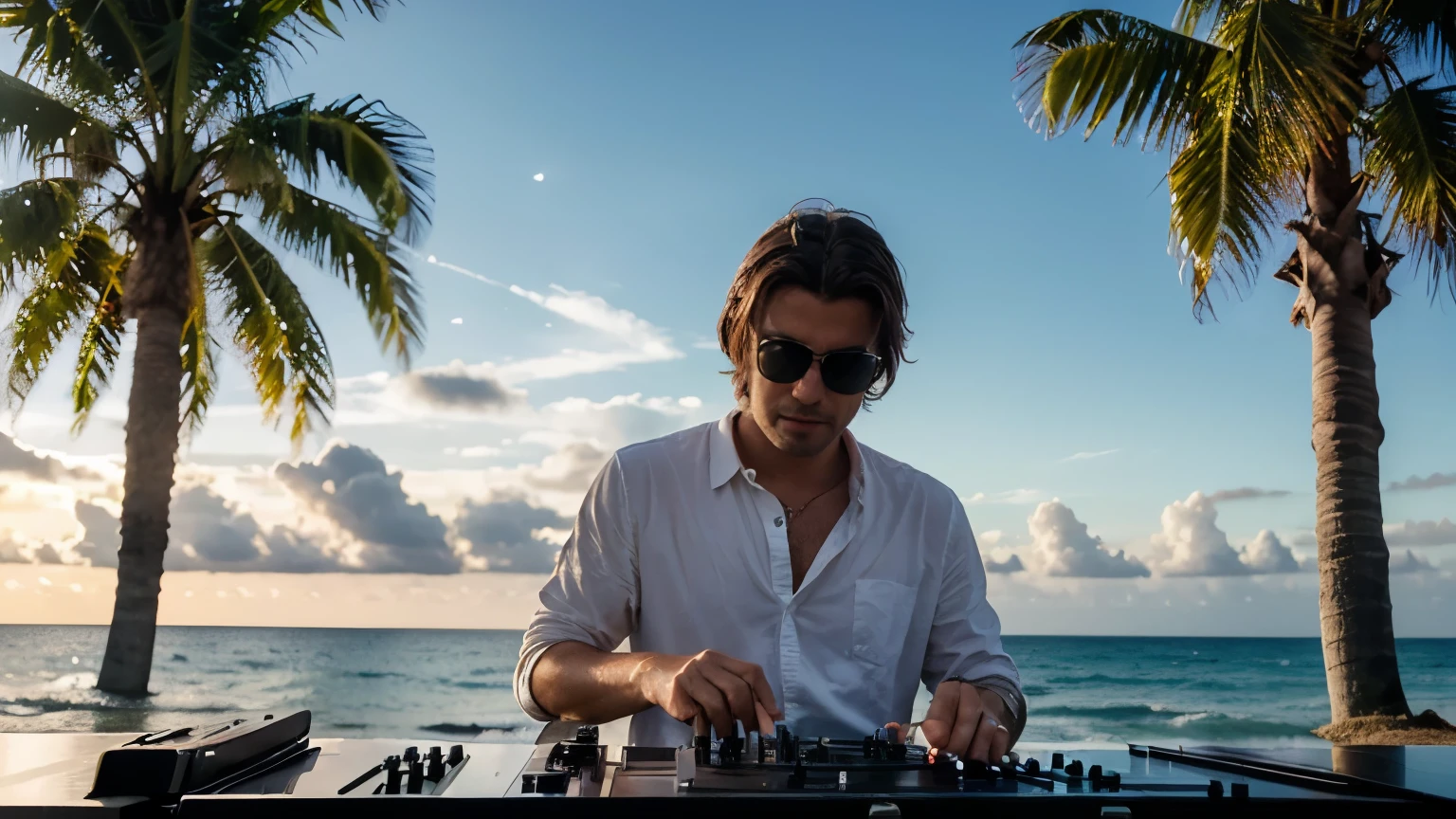 Visualize a vibrant and energetic stage where a passionate DJ takes center stage, capturant l'essence d'un moment magique de musique en plein air. Ce DJ, Cool et confiant, wears stylish sunglasses that reflect the last rays of the sun, ajoutant une touche de mystère à son allure. He is intensely focused on his mixing desk, his skilled hands adjusting the tracks with precision, dans une parfaite harmonie avec le rythme. L'environnement autour de lui évoque une ambiance de détente et de fête, caractérisée par la présence de quelques palmiers élancés en background, qui se découpent contre un ciel aux couleurs douces de fin de journée. Ces teintes, mix of roses, d&#39;orange et de violette, creating a warm and inviting atmosphere, reflétant la beauté d'un coucher de soleil sur un lieu exotique. The light is soft but present enough to highlight the DJ&#39;face and equipment details, create subtle contrasts and play on&#39;shadows that add depth to the scene. Les palmiers et la lumière du coucher de soleil ensemble suggèrent une ambiance festive mais détendue, un espace où la musique et la nature se rencontrent pour créer une expérience inoubliable. Le cadre de l'image est soigneusement composé pour focaliser l'attention sur le DJ, with a depth of field that slightly blurs the&#39;background, while letting the shapes and colors of the palm trees and sky visually enrich the scene. This composition creates a feeling of&#39;immersion, invitant le spectateur à ressentir l'énergie de la musique et la sérénité de l'environnement naturel. This image is designed to capture a unique moment where passion, music and natural beauty merge, offering a window into a world where every element contributes to a memorable experience. Les couleurs douces et l'ambiance de fin de journée ajoutent une touche de nostalgie et de rêverie, faisant de ce