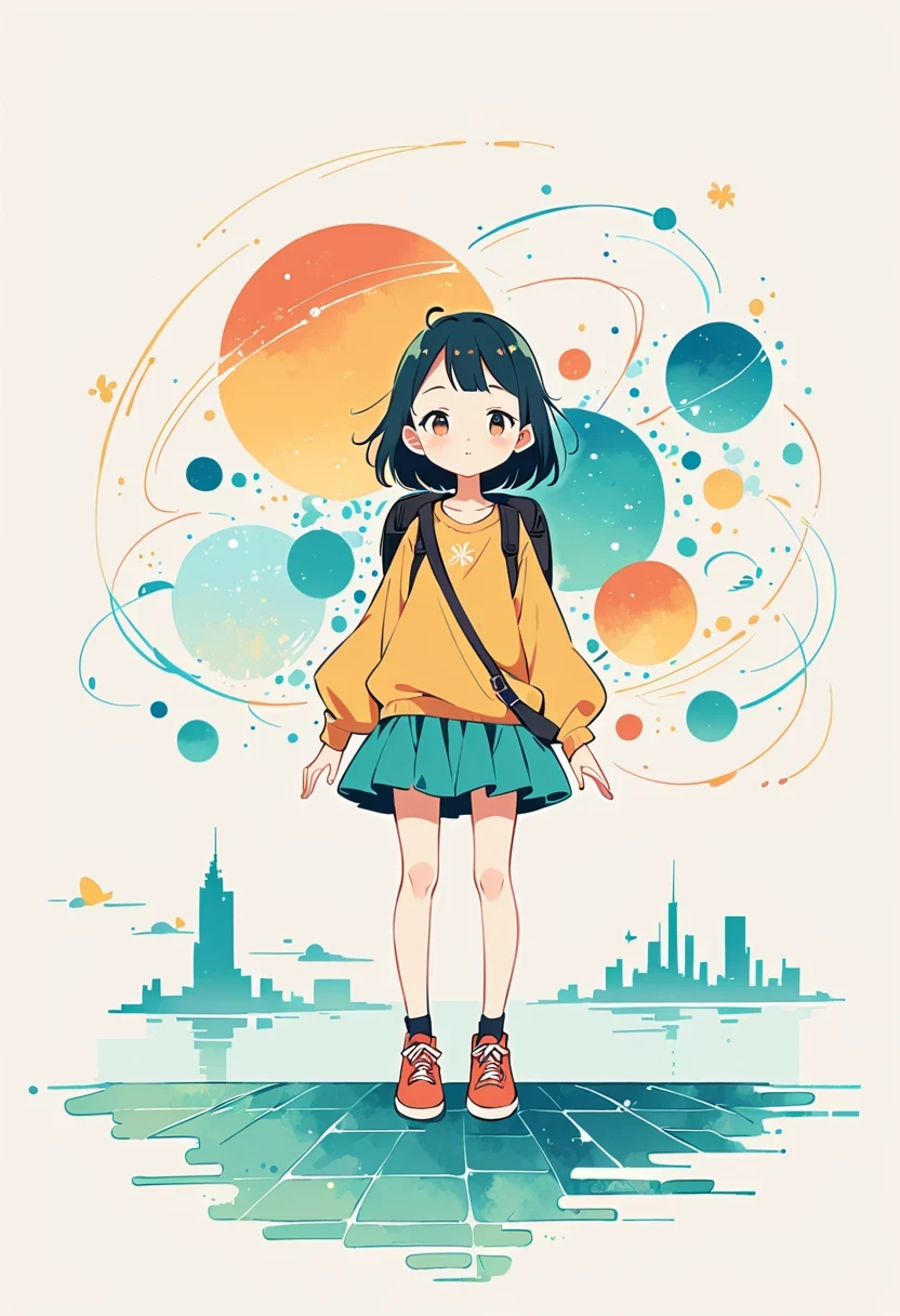 (Standing on the rooftop:1.3),Girl with backpack on rooftop,The backpack is filled with happy spring,Simple lines,Minimalism,Abstract Art,City background