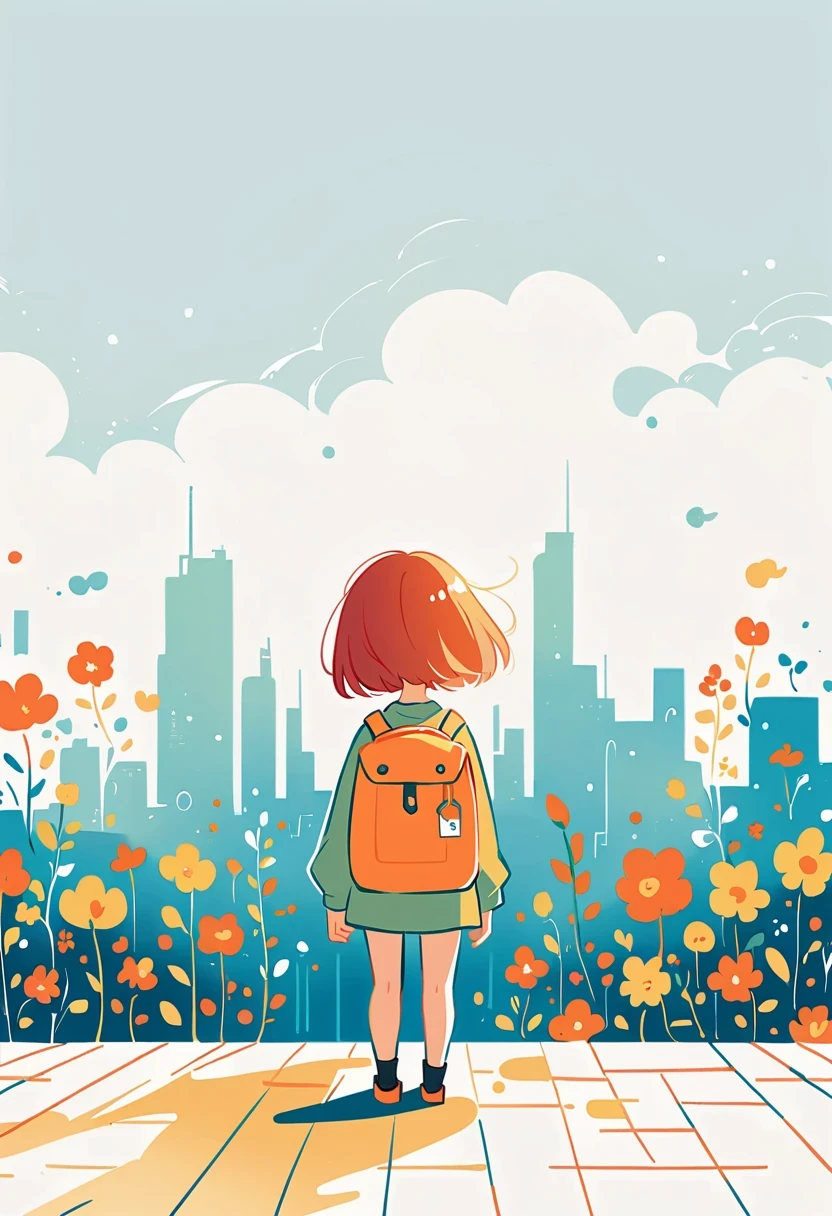 (Standing on the rooftop:1.3),Girl with backpack on rooftop,The backpack is filled with happy spring,Simple lines,Minimalism,Abstract Art,City background