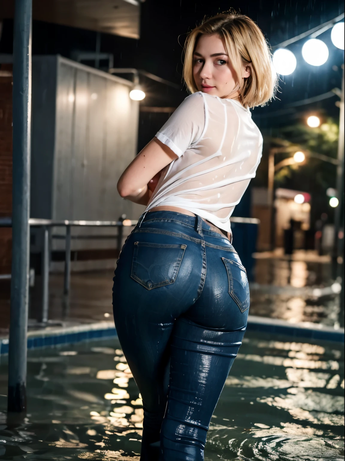 (Wide flares on jeans:1.2), (Water-soaked clothing:1.17), (Best Quality,high resolution,bokeh:1.2),two woman,Pronounced wrinkles,blonde hair, Bob haircut,Detailed eyes and face,tshirt,(standing:1.0),(gloomy ecstasy:1.1), Posing, standing outside in the rain, SoakingWetClothes, black high heel pumps, show heels, jeans are wrinkled from wetness, show heels, (((rear view)))