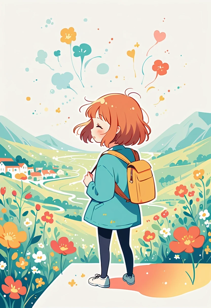 Standing on the rooftop,Girl with backpack on rooftop,The backpack is filled with happy spring,Simple lines,Minimalism,Abstract Art,City background