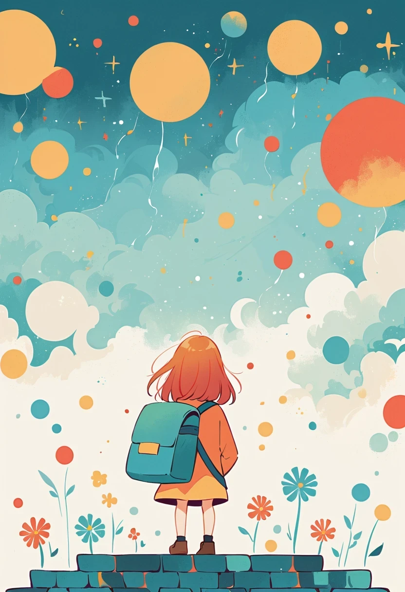 A girl with a backpack standing on a brick wall looking at the sky ...