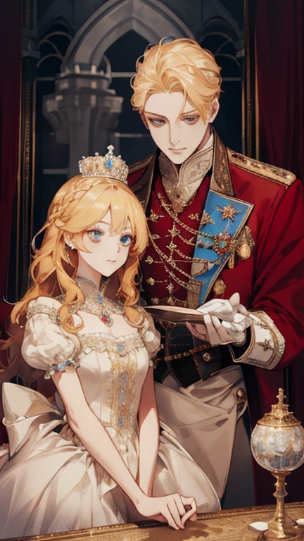 (high quality, sharp focus) 1girl, 2 boy, different hair color, blonde hair girl, royal era, beautiful dress, castle things, crown, cinematic graphic
