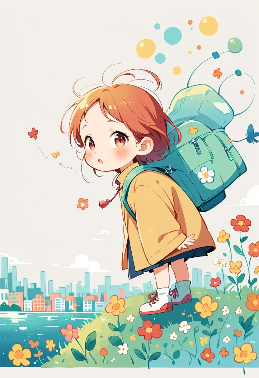 Standing on the rooftop,Girl with backpack on rooftop,The backpack is filled with happy spring,Simple lines,Minimalism,Abstract Art,City background