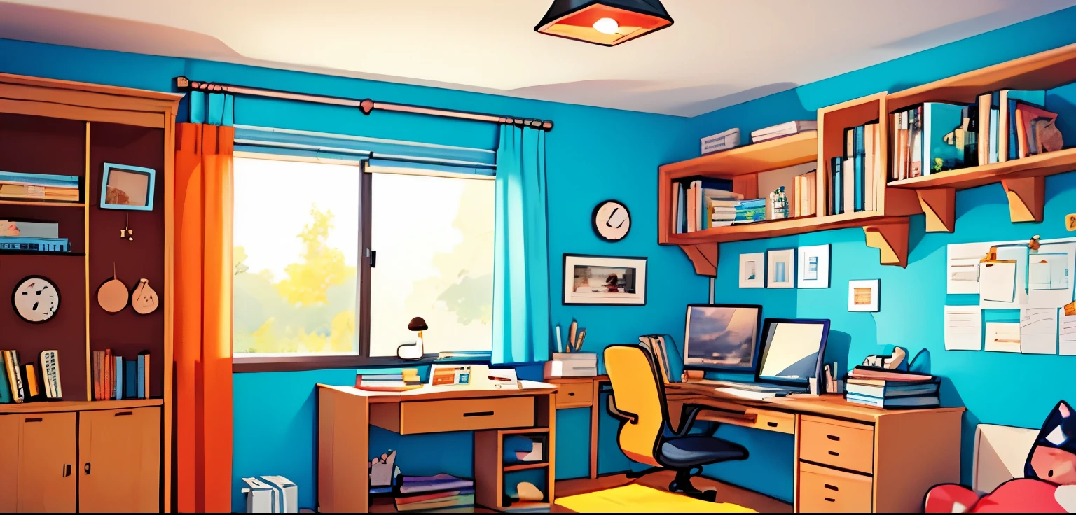 The image shows a room that appears to be a study area. There is a large bookcase with shelves full of books of various colors.. Above the bookcase, There is a shelf with two boxes and a sign with what appears to be an abstract drawing in yellow colors, rojo y azul.
En la pared, cerca de la esquina derecha de la imagen, cuelga un avioncito de papel suspendido por un hilo, giving the impression that it is flying.
Hay un escritorio de color azul oscuro con cuatro cajones del mismo color pero con tiradores blancos. Sobre el escritorio, there are more books, a box with school supplies like rules, un cuaderno, a pencil holder full of pencils and pens, and a desk lamp. There is also a globe next to the right edge of the desk.
En la silla del escritorio hay una mochila y una chaqueta colgando en el respaldo. The chair is facing out, como si alguien se hubiese levantado y se hubiese alejado recientemente.
En el suelo, there is a rug with a three-color geometric design (rosa, amarillo y verde lima) justo en frente del escritorio. The room also has a window with blue curtains partially open letting in light, y hay una puerta de madera abierta hacia la izquierda.