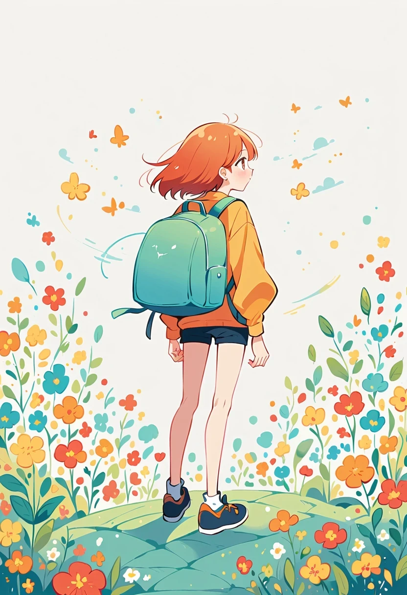 Standing on the rooftop，Girl with backpack on rooftop，The backpack is filled with happy spring，Simple lines，Minimalism，Abstract Art，City background