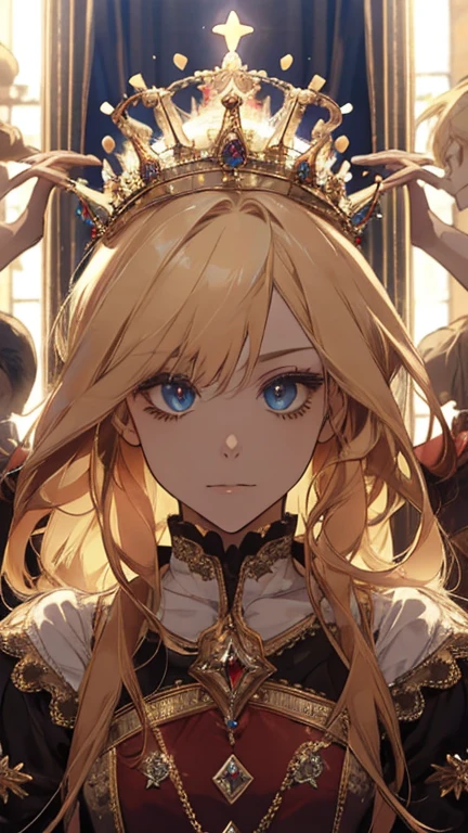 (high quality, sharp focus) 1girl, 2 boy, different hair color, blonde hair girl, royal era, beautiful dress, castle things, crown, cinematic graphic