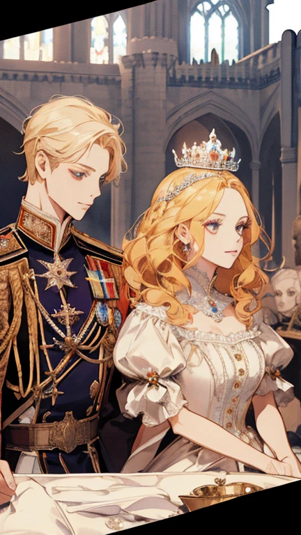 (high quality, sharp focus) 1girl, 2 boy, different hair color, blonde hair girl, royal era, beautiful dress, castle things, crown, cinematic graphic