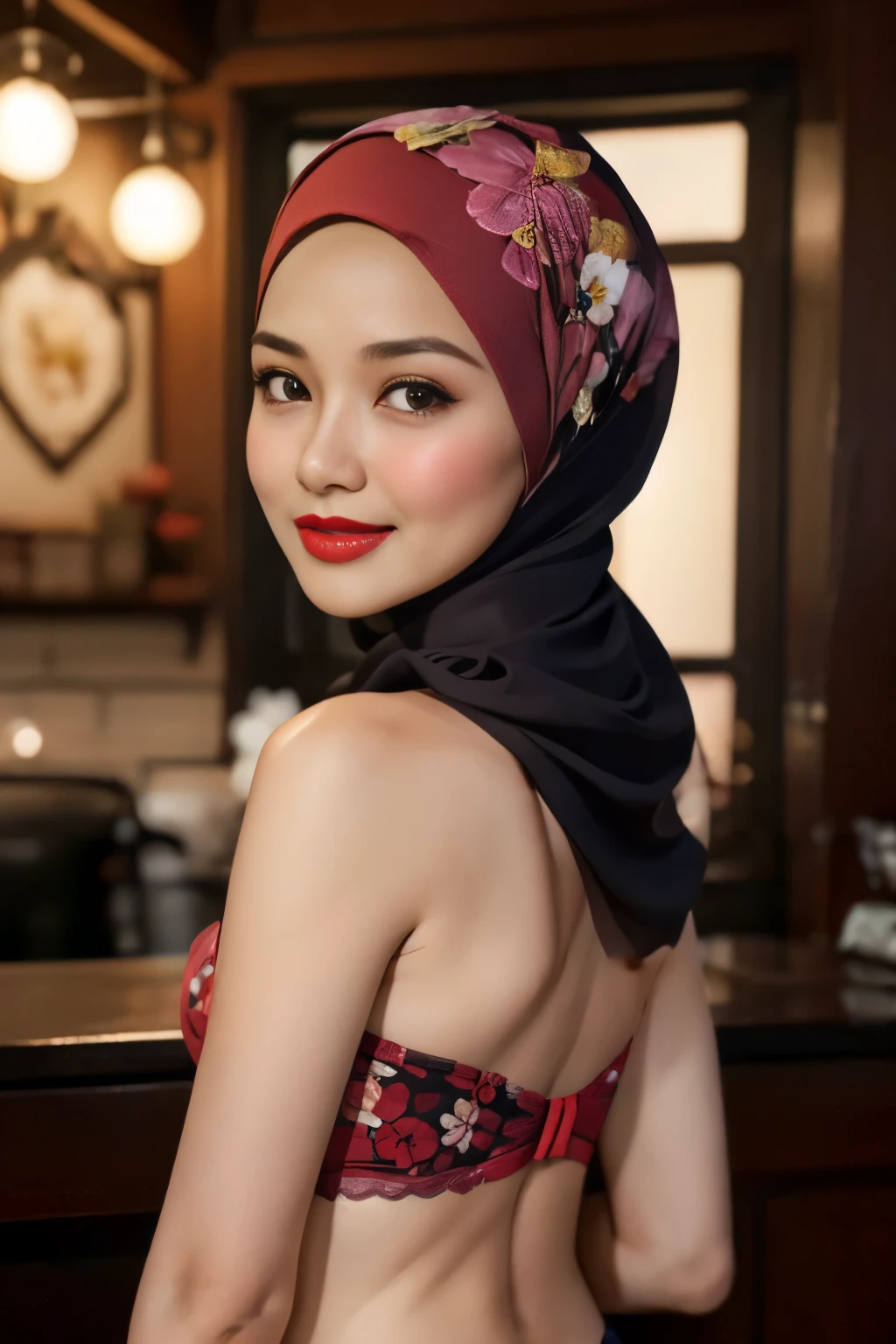 G-STRING & THONG, (Happy smile), (((HIJAB MALAY GIRL))), masutepiece, High quality, UHD 32K, Realistic face, Realistic skin feeling , A Japanese Lady, 8 , , Very cute and baby-like face, (((FLAT CHEST))), (Night time at forest), ((look In front  at the camera and SADNESS)), ((())), (((CUTE GIRL))), ((RED LIPS)), ((Floral Pattern)) little wearing strapless bra, strapless colorful bra, dark night horror scary place (from behind up) seductive pose