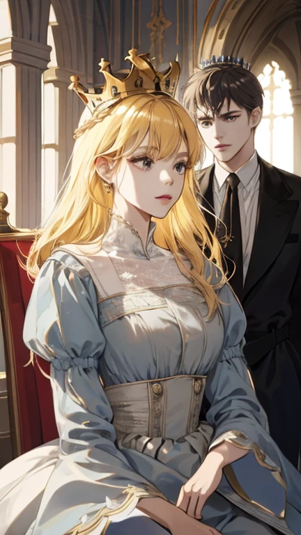 (high quality, sharp focus) 1girl, 2 boy, different hair color, blonde hair girl, royal era, beautiful dress, castle things, crown, cinematic graphic