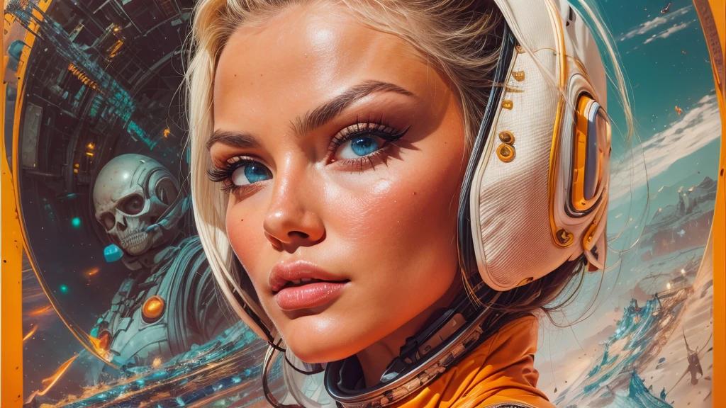 arafed image of a white woman in a futuristic suit with a spaceship in the background, movie art, in front of an orange background, inspired by Robert McGinnis, female protagonist, megastructure in the background, portrait of an ai astronaut, astronauts, an astronaut, portrait of a astronaut skeletor, perfect android girl, detailed eyes, perfectly detailed teeth, frank franzzeta and sakimichan  