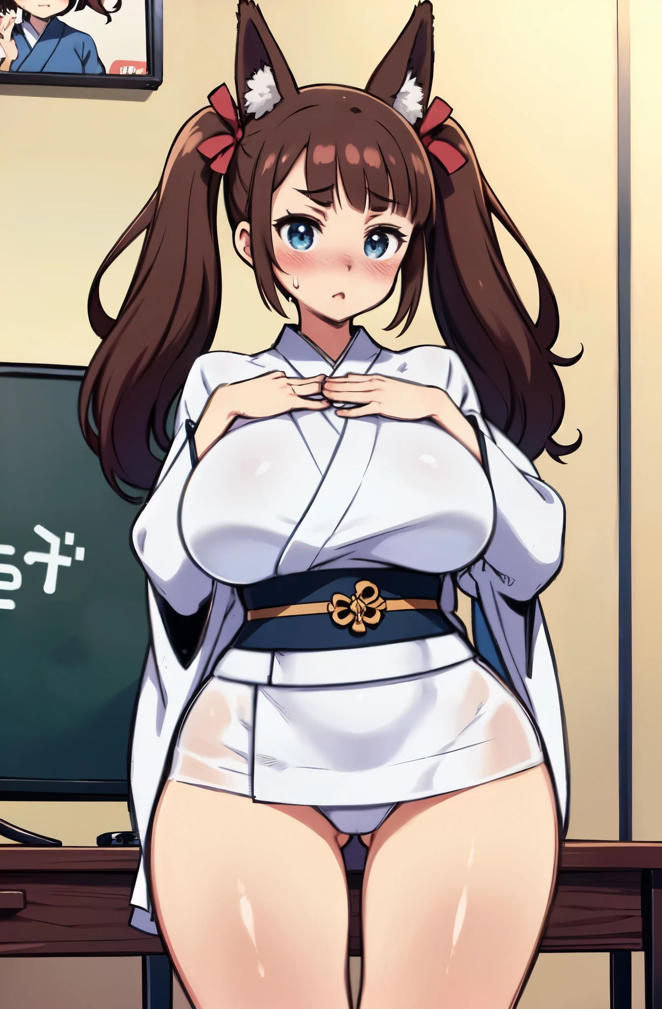 ((Table t○p, highest quality, Hi-Res Lucifer,Anime Screen Capture、Perfect Pixel, 4K)))、Perfect Anatomy、(((Huge breasts、Wide Hips、Wide ass、Thick thighs)))、Sweat, (((White kimono))),(Blue colored eyes)、((Twin tails、Fox ears))、((brown hair)), Red ribbon、 Red hrine maiden、((((blush、Embarrassing))))、Tight clothing、:○、(Inside the spaceship)、Hands on chest