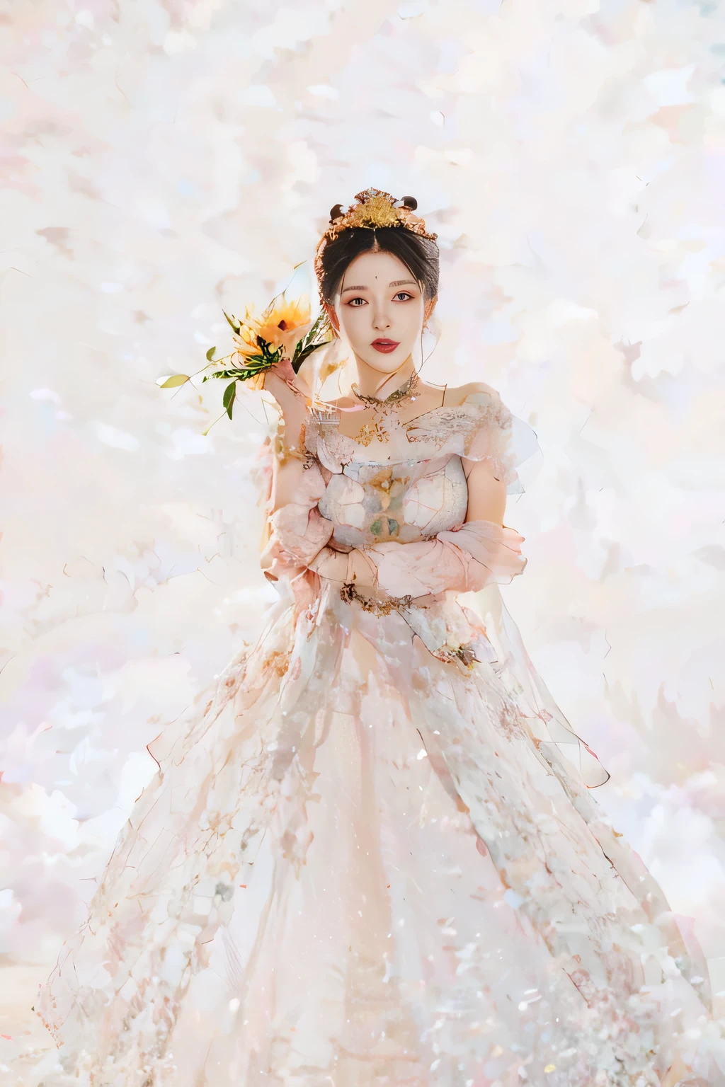 high quality digital art, Happy, Red lips, long Black Hair, wavy Long hair, Bangs, straight Bangs, Brown eyes, White skin, Red nails, Perfect face, Flawless, Clean, masterpiece, (((sharp))) ((Key Points)) (Instagram) (8k) masterpiece, Very beautiful dress, Detailed tracking, Pink accents, Digital Painting, external, sunflower field, Highly detailed lighting, Movie Lighting, high quality, a digital masterpiece, best quality, Very high resolution, Mountains, Windy day, sunflower petals, straw hat, partly cloudy, sun, Wind, sunflowers, Detailed background, Large venue, Rustic feel, Intricate details, glow, Shiny hair, Black Hair, Loose hair, Glowing skin, Dynamic atmosphere, Windblown hair, A girl,DLDLxiaowu, 1 Girl,Solitary, Rabbit ears, Pink skirt, Long hair, Brown hair, whole body,White dragon,