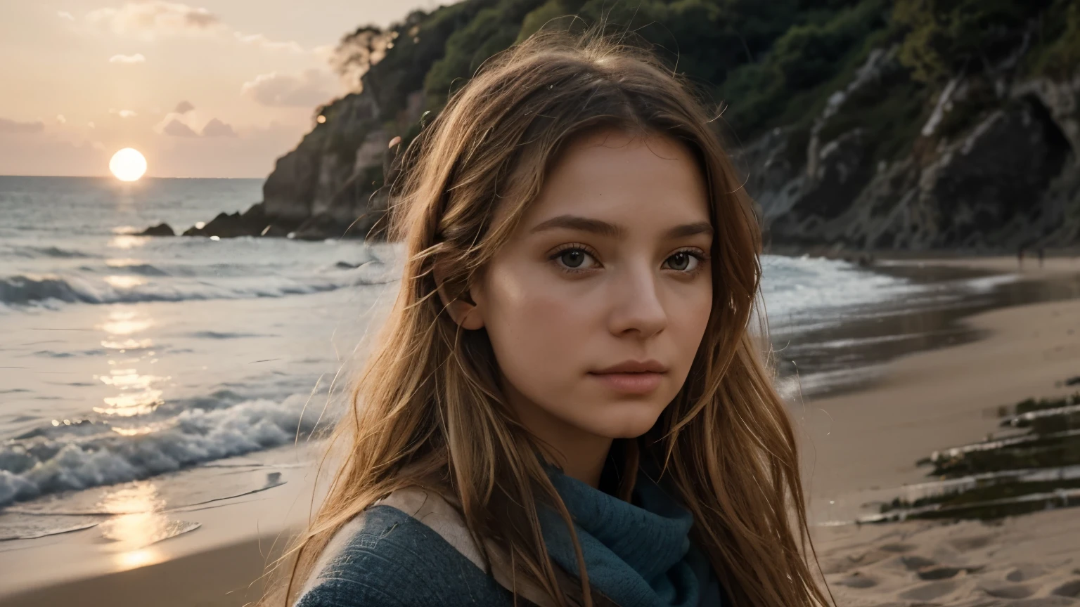 Imaginez le portrait d'une femme au visage serein, with long wavy blonde hair, reflecting the golden light of dusk at the edge of&#39;une plage. Elle porte un casque audio sur les oreilles, symbole de son lien avec la musique. The scene takes place at the end of the day, with a subdued light that delicately envelops her face and hair, créant une atmosphère intime et inspirante. Le fond de l'image est estompé, mettant en avant la femme tout en suggérant un espace ouvert et paisible, perhaps evoking creative freedom or&#39;escape that&#39;offers his YouTube channel. L'image combine élégance, tranquility and modernity, capturer l&#39;essence de la chaîne qu&#39;it represents. The color palette is dominated by the soft hues of the sunset, avec des touches de bleu et d'or pour équilibrer chaleur et fraîcheur. Cette image de couverture est conçue pour attirer l'attention tout en invitant les spectateurs à découvrir le monde que la chaîne a à offrir.
