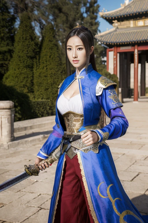 (Masterpiece，High-definition，Surreal、Digital Art:1.2)、Beautiful Female Warrior，Three Kingdoms，Fine eyes and face，Tall Woman，Chinese Warrior，Hanfu、(Dynamic pose with sword:1.2)、General temperament，Tall Woman，Strong Body，Wide ass，Cleavage、In front of the gate of an ancient Chinese castle、Full Body Portrait